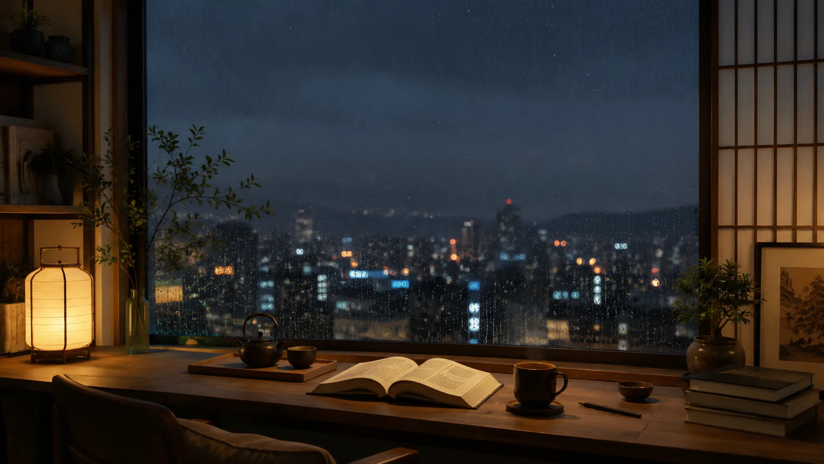 A calm nighttime desk scene with an open book, teapot, cup, and soft lantern light beside a large rain-speckled window overlooking a distant city.