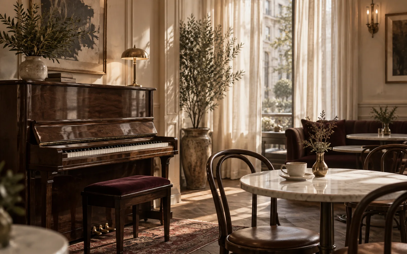 A sunlit ivory café with a polished walnut piano and marble tables