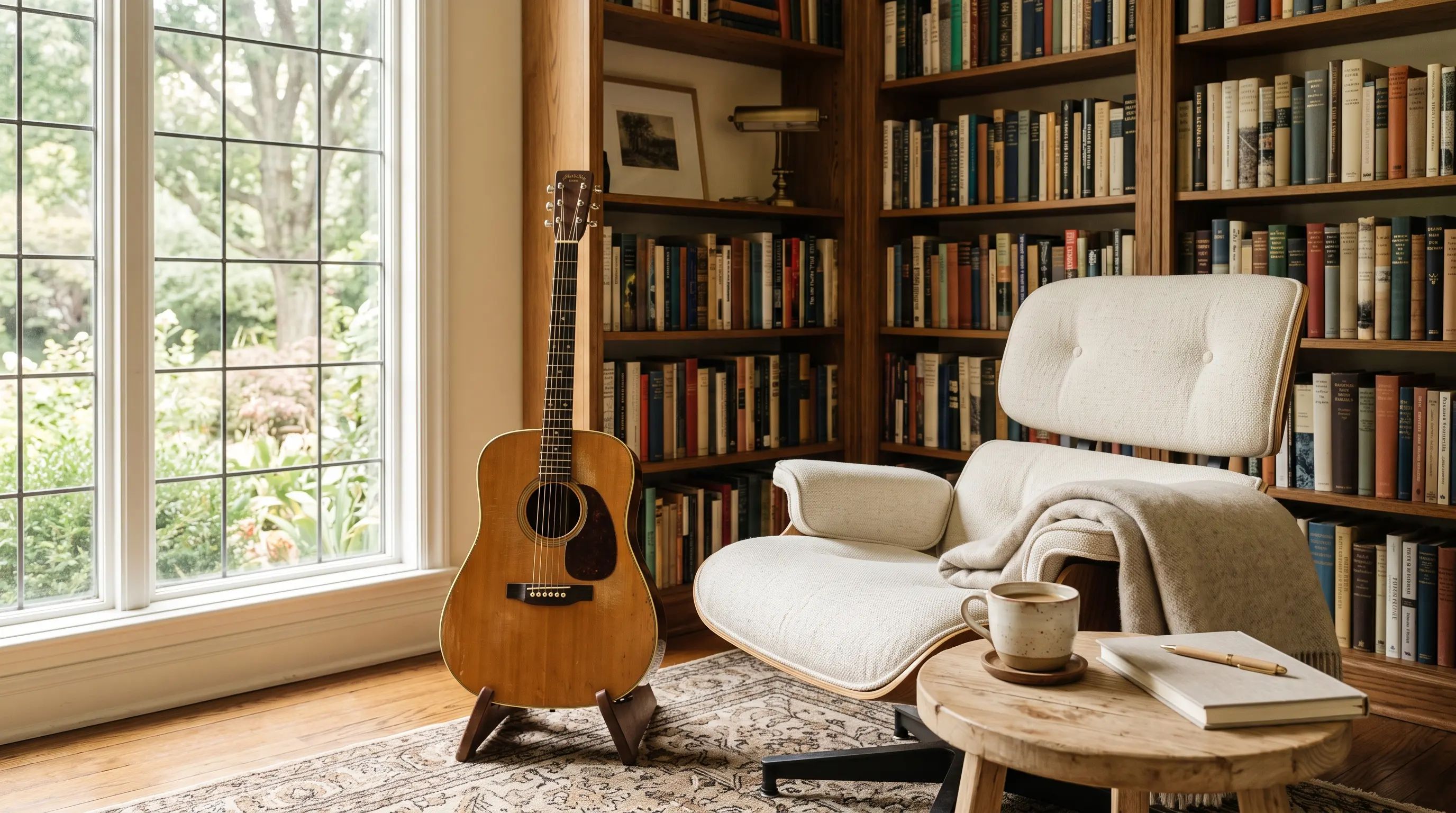 A peaceful reading room with bookshelves, a lounge chair, an acoustic guitar, coffee, and soft daylight by a large window.